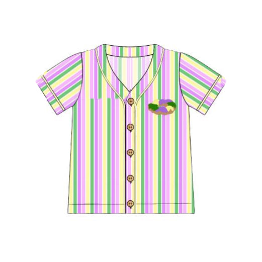 Adult Men Short Sleeve Mardigras Donuts Stripes Button Shirts Top Preorder