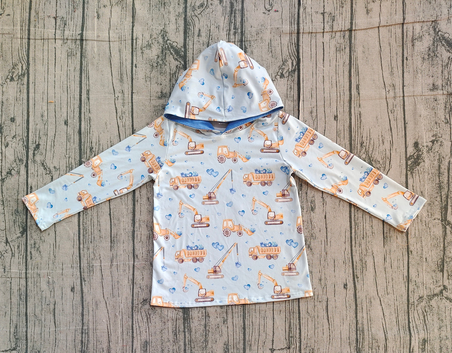 Baby Boys Blue Hearts Excavators Valentine Hoodies Top Preorder