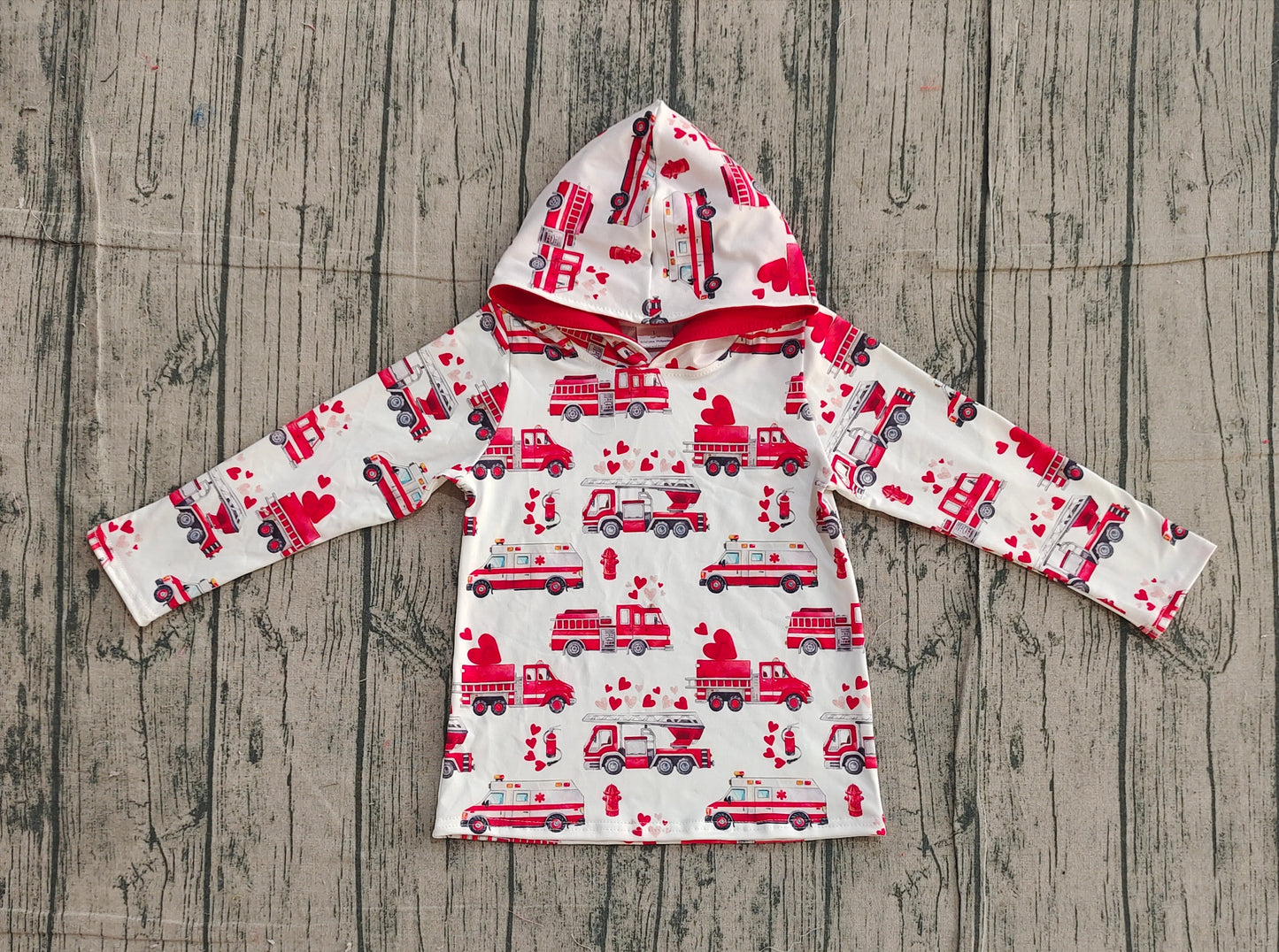 Baby Boys Hearts Fire Trucks Valentines Hoodies Top