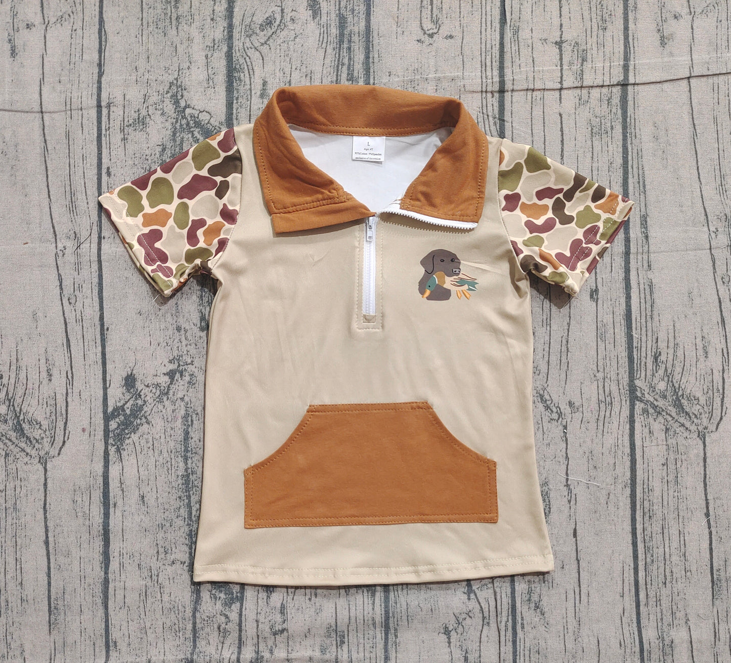 Baby Boys Khaki Camo Short Sleeve Duck Dogs Zipper Pockets Hunting Pullovers Top Preorder