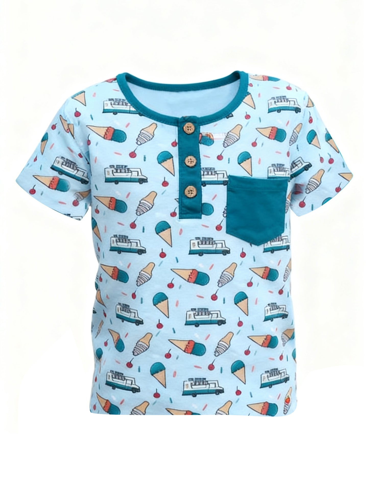 Baby Boys Blue Short Sleeve Ice Creams Buses Pocket Button T-shirts Top Preorder