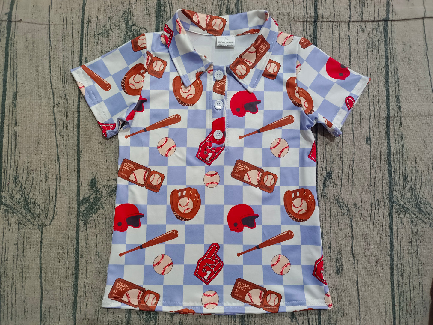 Baby Boys Blue Checked Baseballs Team Button Polo Shirts Top