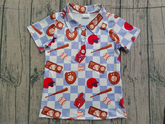 Baby Boys Blue Checked Baseballs Team Button Polo Shirts Top