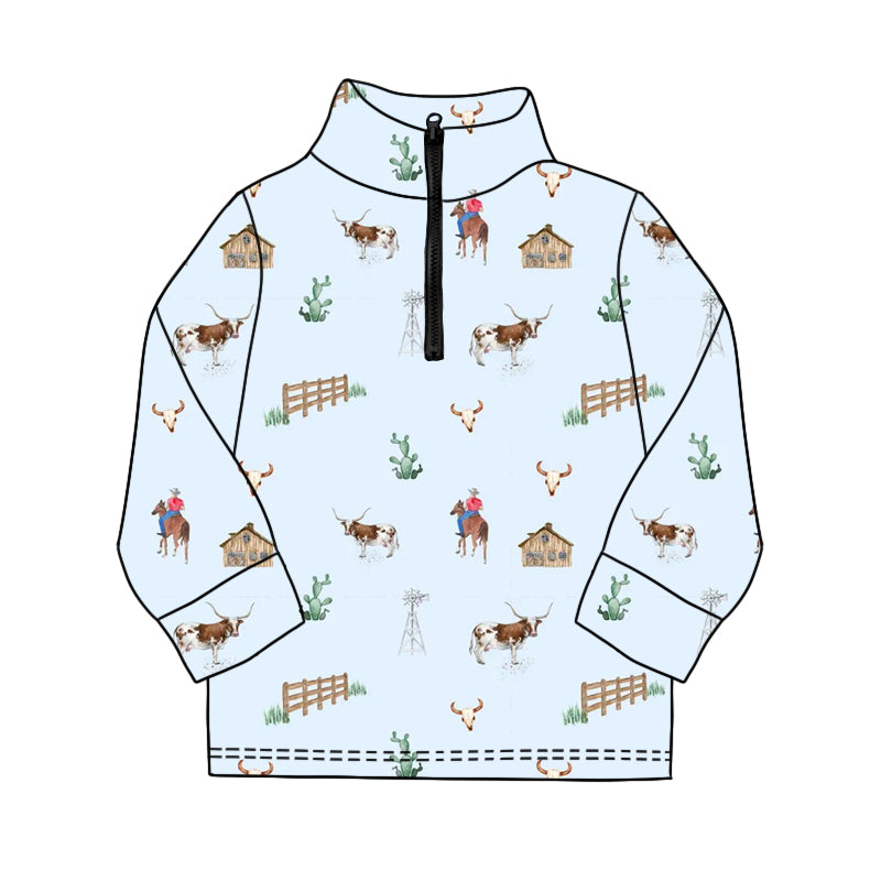 Baby Boys Long Sleeve Western Cactus Bull Skulls Zipper Pullovers Top Preorder