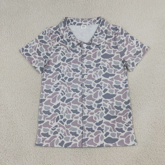 Adult Men Short Sleeve Light Grey Camo Button Polo Shirts Top