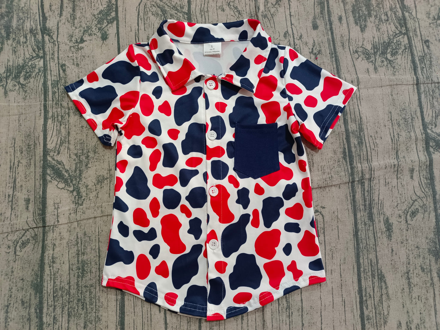 Baby Boys Red Blue Cow Print 4th of July Button Pocket Shirts Top