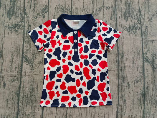Baby Boys Red Blue Cow Print 4th of July Button Polo Shirts Top