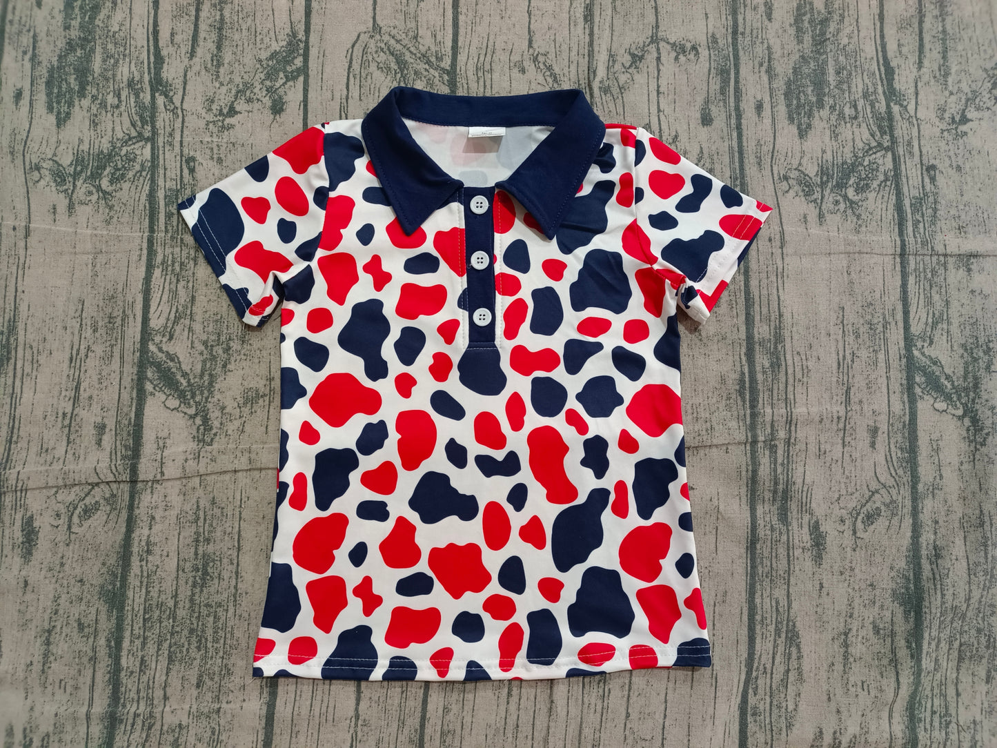 Baby Boys Red Blue Cow Print 4th of July Button Polo Shirts Top