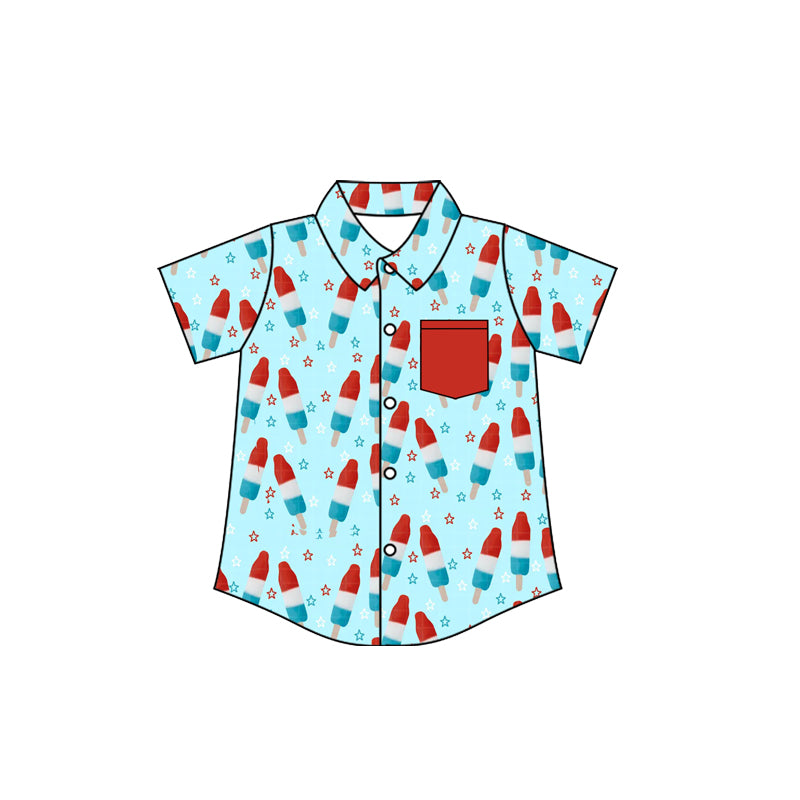 Baby Boys Red Blue Stars Popsicle 4th of July Button Pocket Shirts Top Preorder