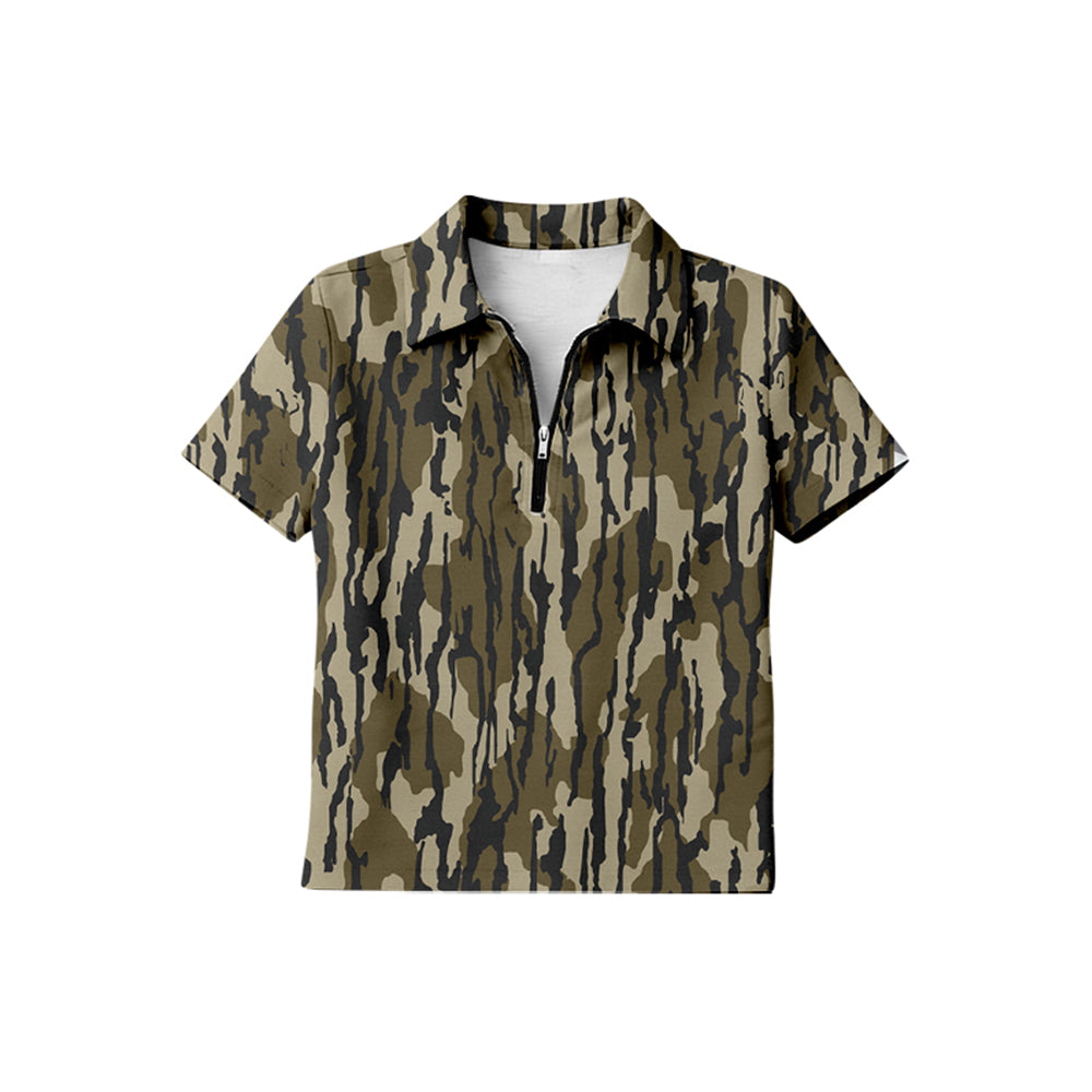 Baby Boys Short Sleeve Southern Olive Camo Zipper Pullovers Top Preorder