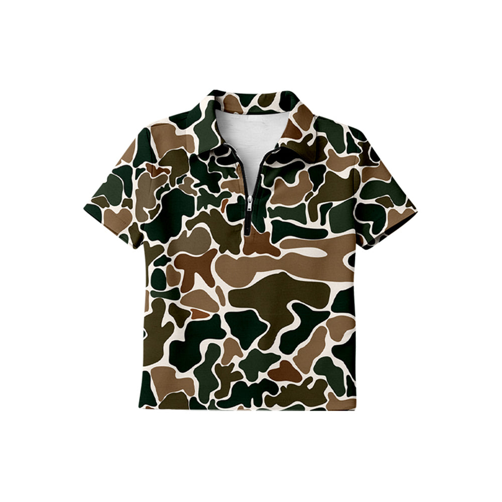Baby Boys Short Sleeve Southern Dark Brown Camo Zipper Pullovers Top Preorder