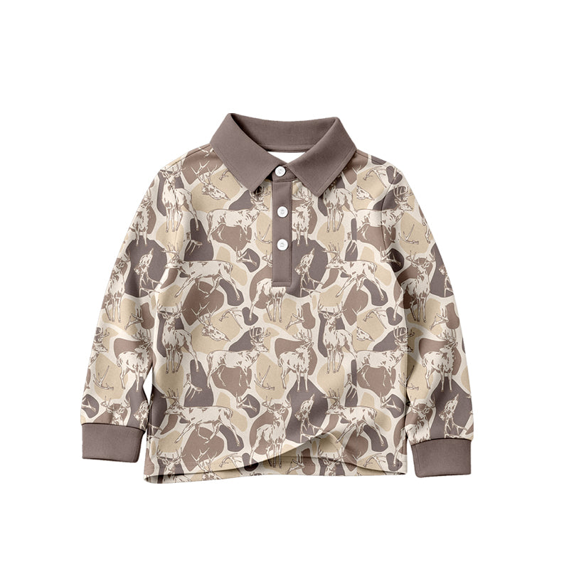 Baby Boys Long Sleeve Khaki Camo Deer Hunting Button Polo Shirts Top Preorder