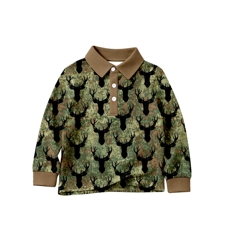 Baby Boys Long Sleeve Green Camo Deer Hunting Button Polo Shirts Top Preorder