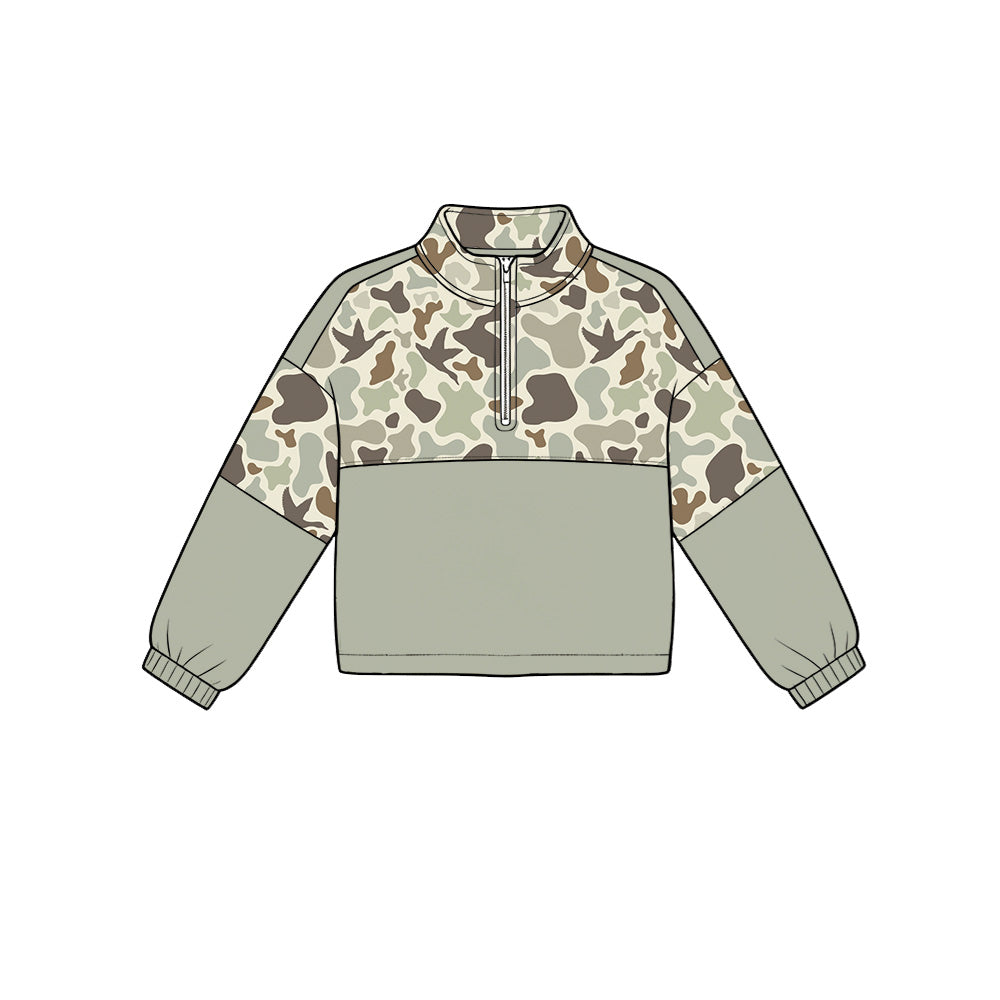 Preorder moq 5 Baby Boys Grey Ducks Camo Hunting Zip Pullovers Top