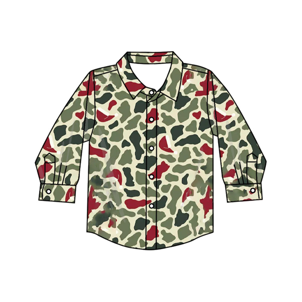 Preorder moq 5 Baby Girls Green Red Camo Christmas Button Shirts Top
