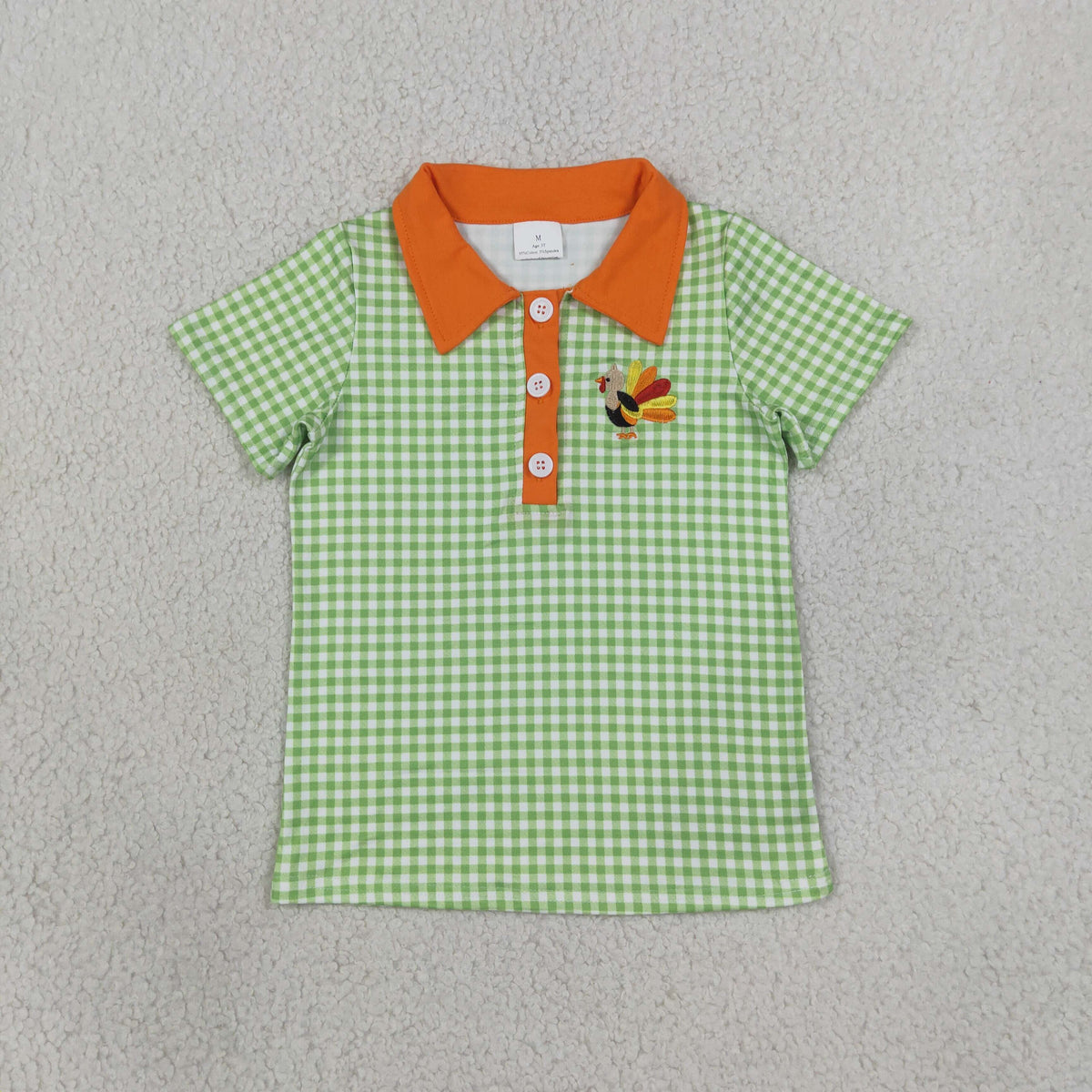 Embroidery Turkey Baby Boys Green Checked Thanksgivings Polo Button Shirts Top
