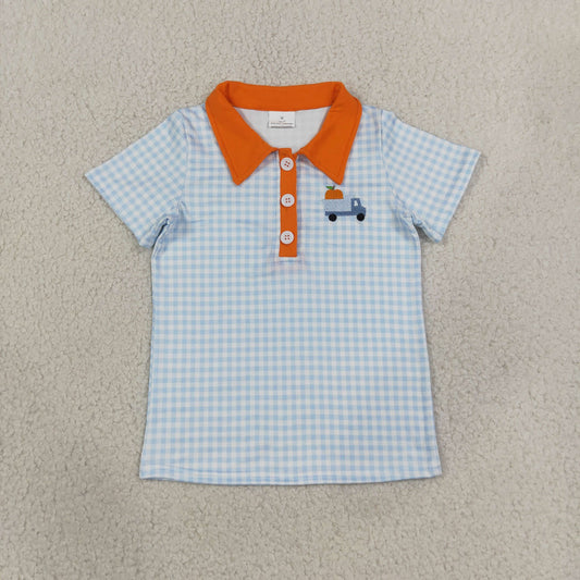 Sibling Baby Girls Blue Checked Embroidery Pumpkins Truck Fall Button Polo Shirts Top