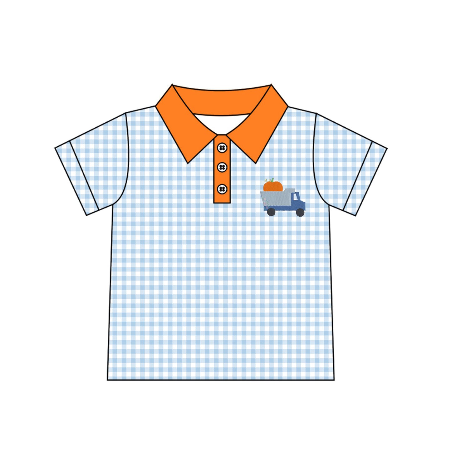 Preorder moq 5 Baby Boys Blue Checked Pumpkin Truck Fall Button Polo Shirts Top