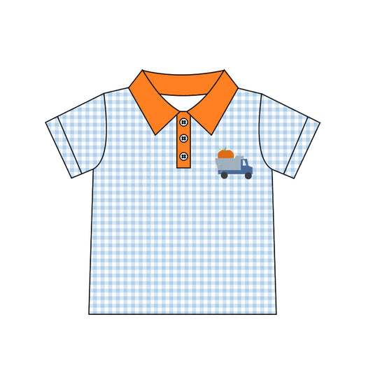 Embroidery Pumpkin Baby Boys Blue Checked Truck Fall Button Polo Shirts Top Preorder