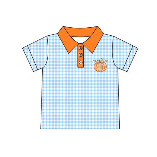 Embroidery Pumpkin Baby Boys Blue Checked Fall Button Polo Shirts Top Preorder