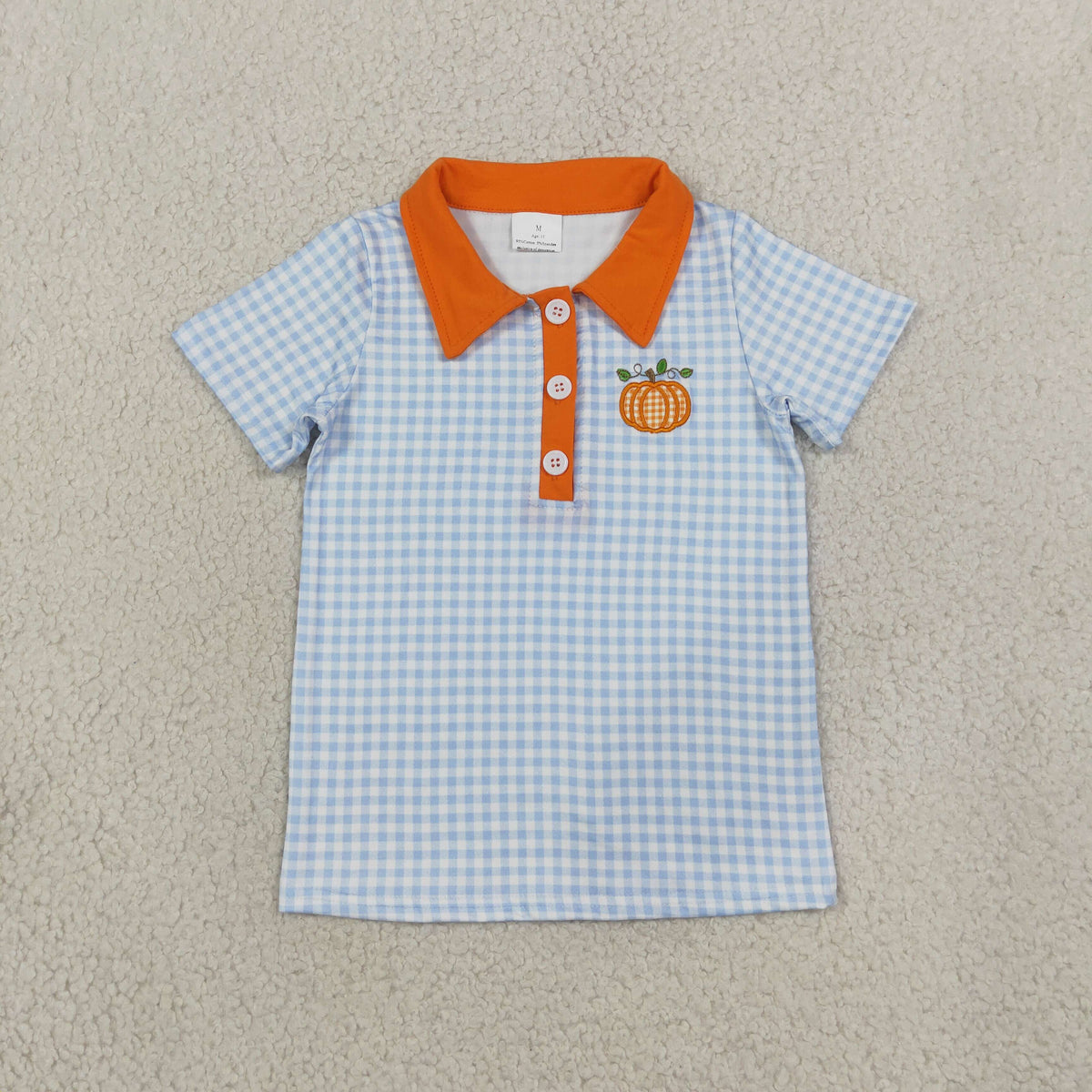 Embroidery Pumpkin Baby Boys Blue Checked Fall Button Polo Shirts Top