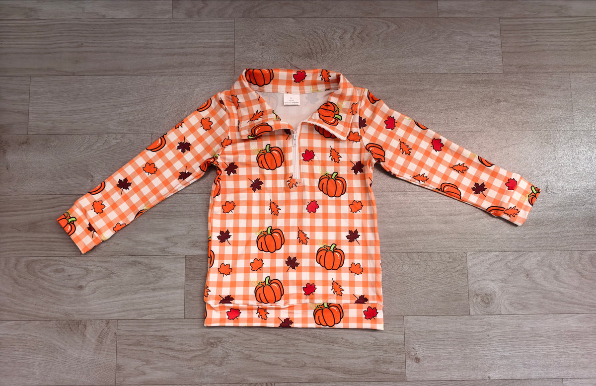 Baby Boys Long Sleeve Leaves Pumpkins Checked Fall Zip Pullovers Top