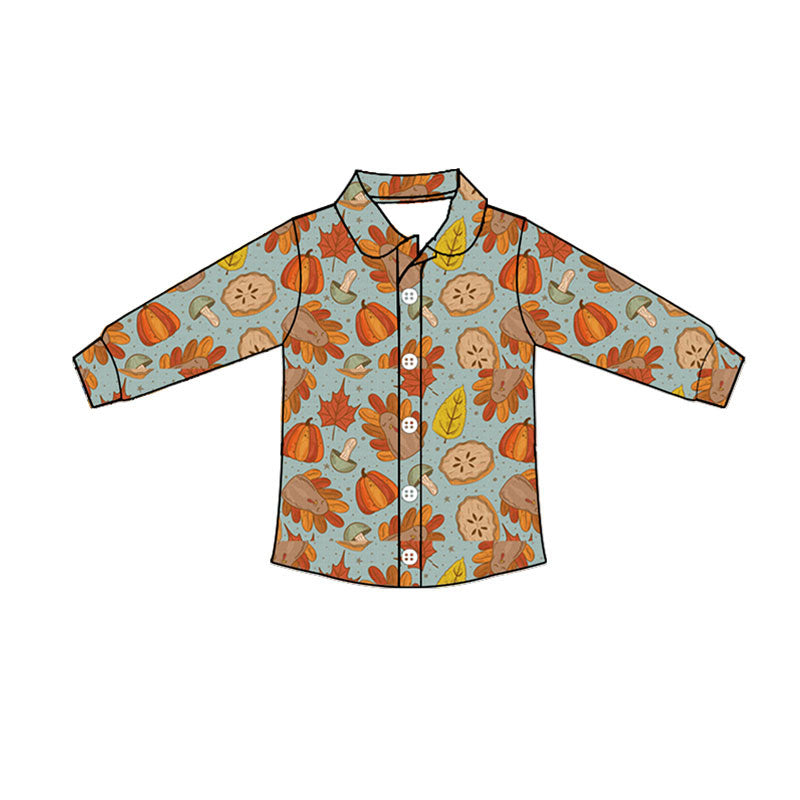 Preorder moq 5 Baby Boys Pumpkins Turkey Thanksgivings Button Shirts Top