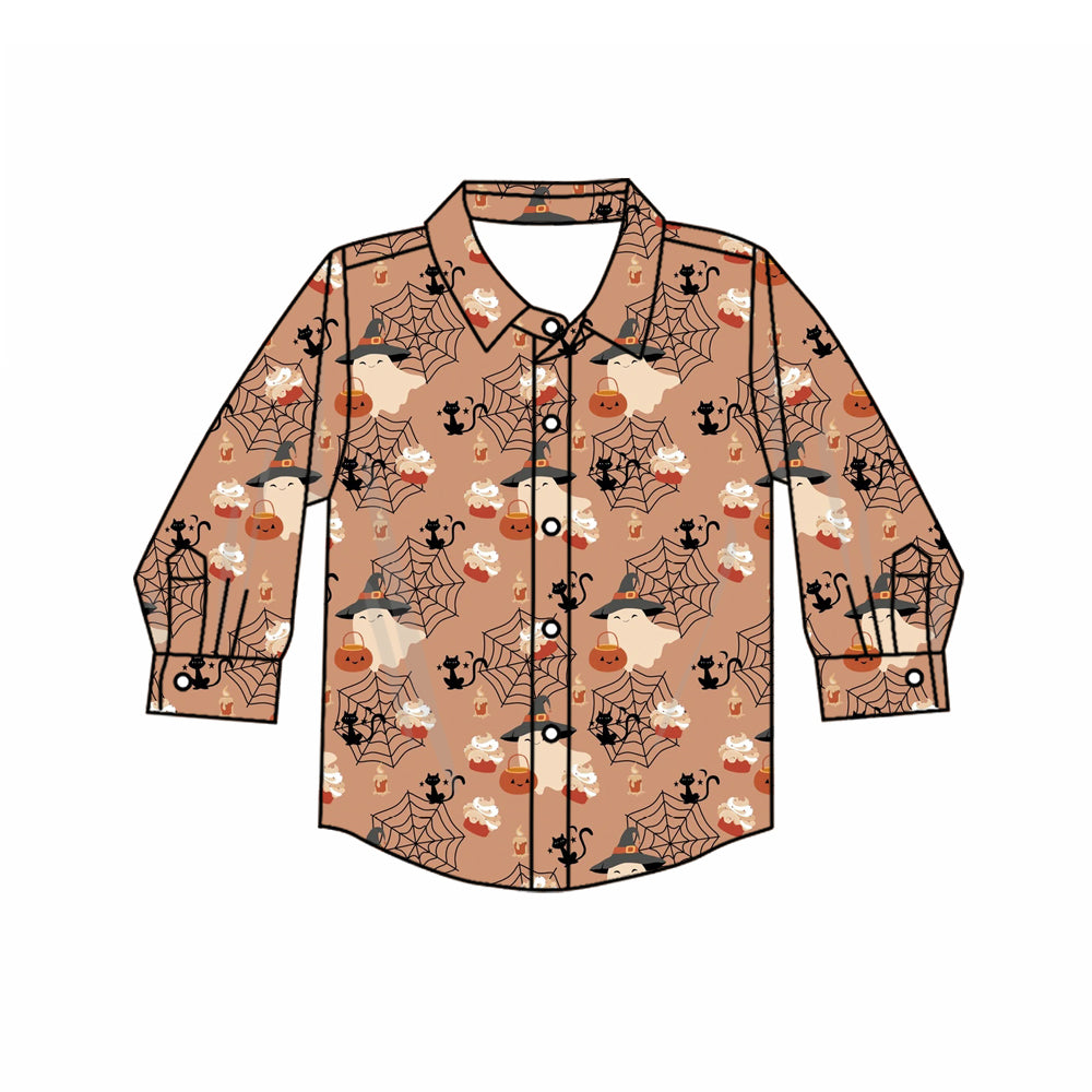 Preorder moq 5 Baby Boys Long Sleeve Ghost Pumpkins Halloween Button Shirts Top