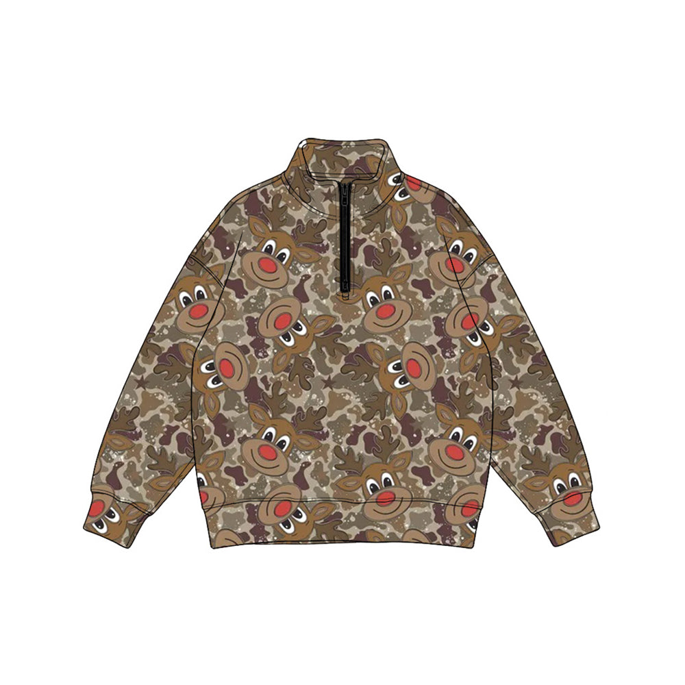 Preorder moq 5 Baby Boys Long Sleeve Brown Camo Deer Christmas Zip Pullovers Top