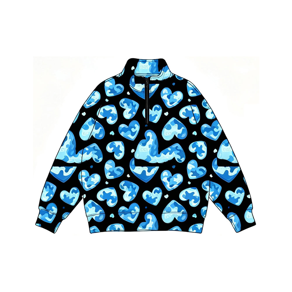 Preorder moq 5 Baby Boys Long Sleeve Blue Camo Hearts Valentines Zip Pullovers Top