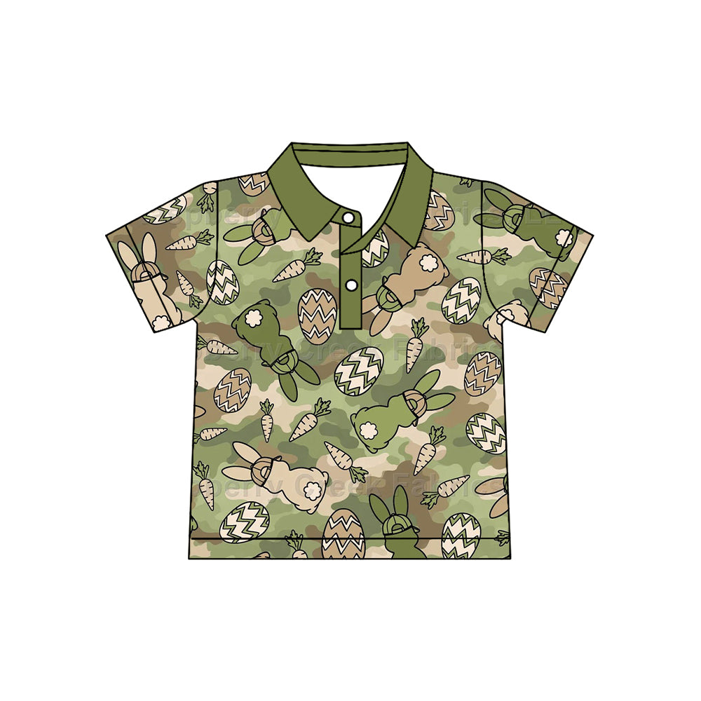 Preorder moq 5 Baby Boys Green Camo Rabbits Eggs Easter Button Polo Shirts Top