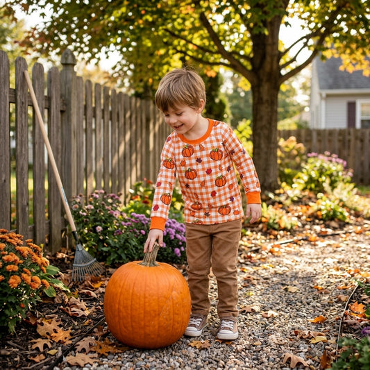 Baby Boys Long Sleeve Leaves Pumpkins Checked Fall T-shirts Top