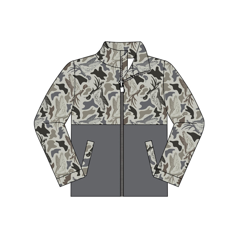 Preorder moq 5 Baby Boys Long Sleeve Grey Camo Ducks Deer Pockets Zip Hunting Jackets Top