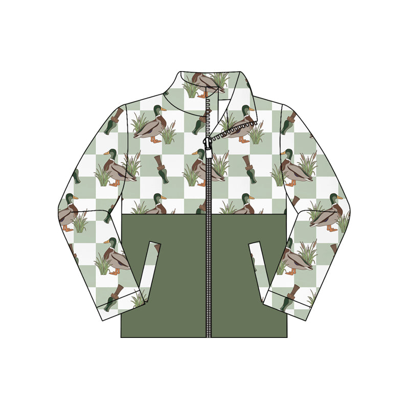 Preorder moq 5 Baby Boys Long Sleeve Green Checked Ducks Pockets Zip Hunting Jackets Top