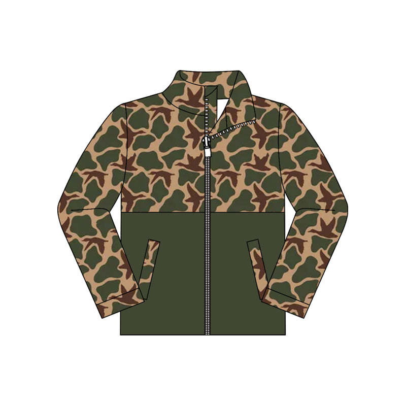 Preorder moq 5 Baby Boys Long Sleeve Green Camo Ducks Pockets Zip Hunting Jackets Top