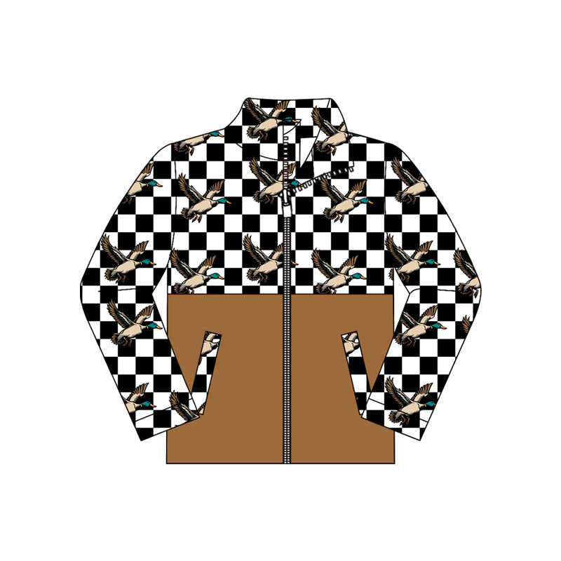 Preorder moq 5 Baby Boys Long Sleeve Black Checked Ducks Pockets Zip Hunting Jackets Top