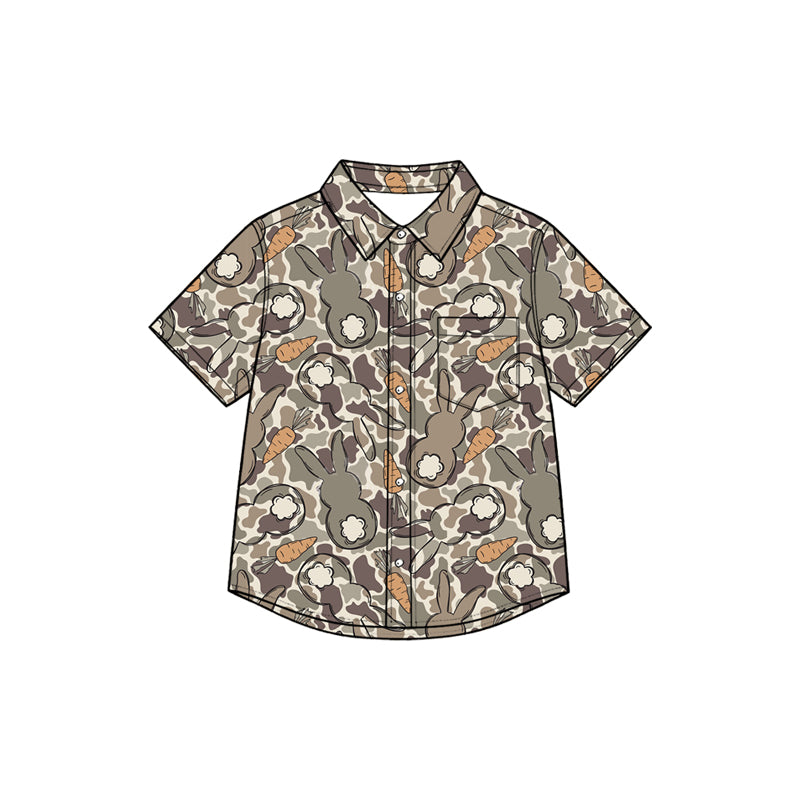 Preorder moq 5 Baby Boys Grey Camo Carrots Rabbits Easter Button Pocket Shirts Top