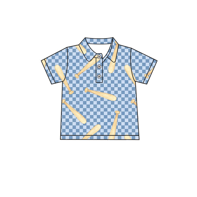 Baby Boys Blue Checked Baseballs Team Button Polo Shirts Top Preorder