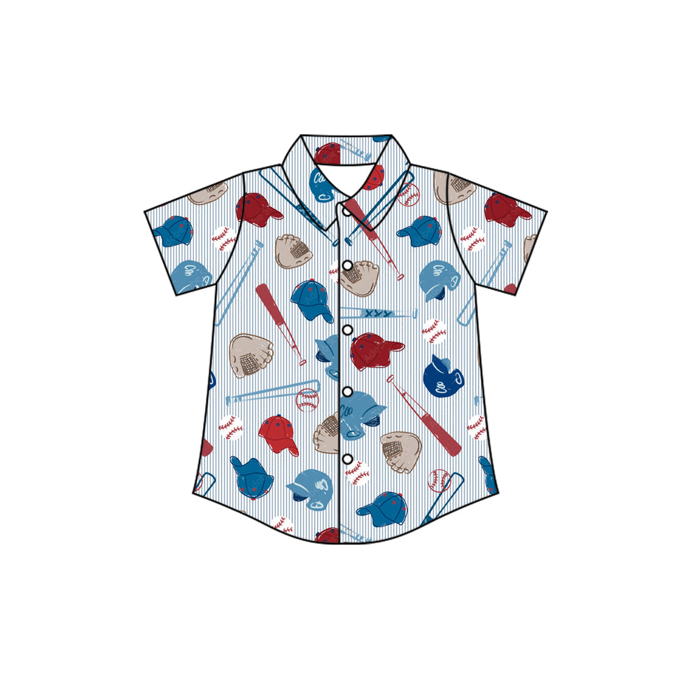 Baby Boys Blue Stripe Baseballs Team Button Shirts Top Preorder