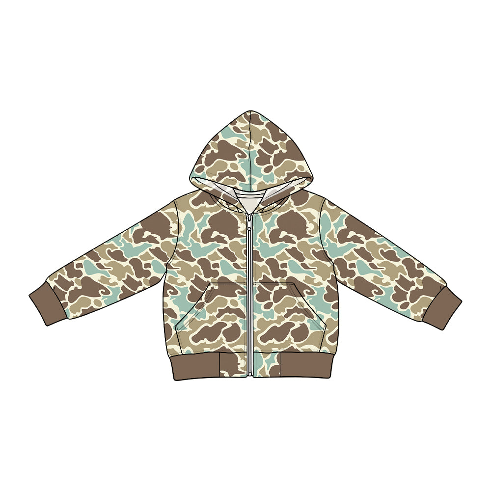Preorder moq 5 Baby Boys Long Sleeve Green Khaki Camo Zip Pockets Denim Hoodie Jackets Top