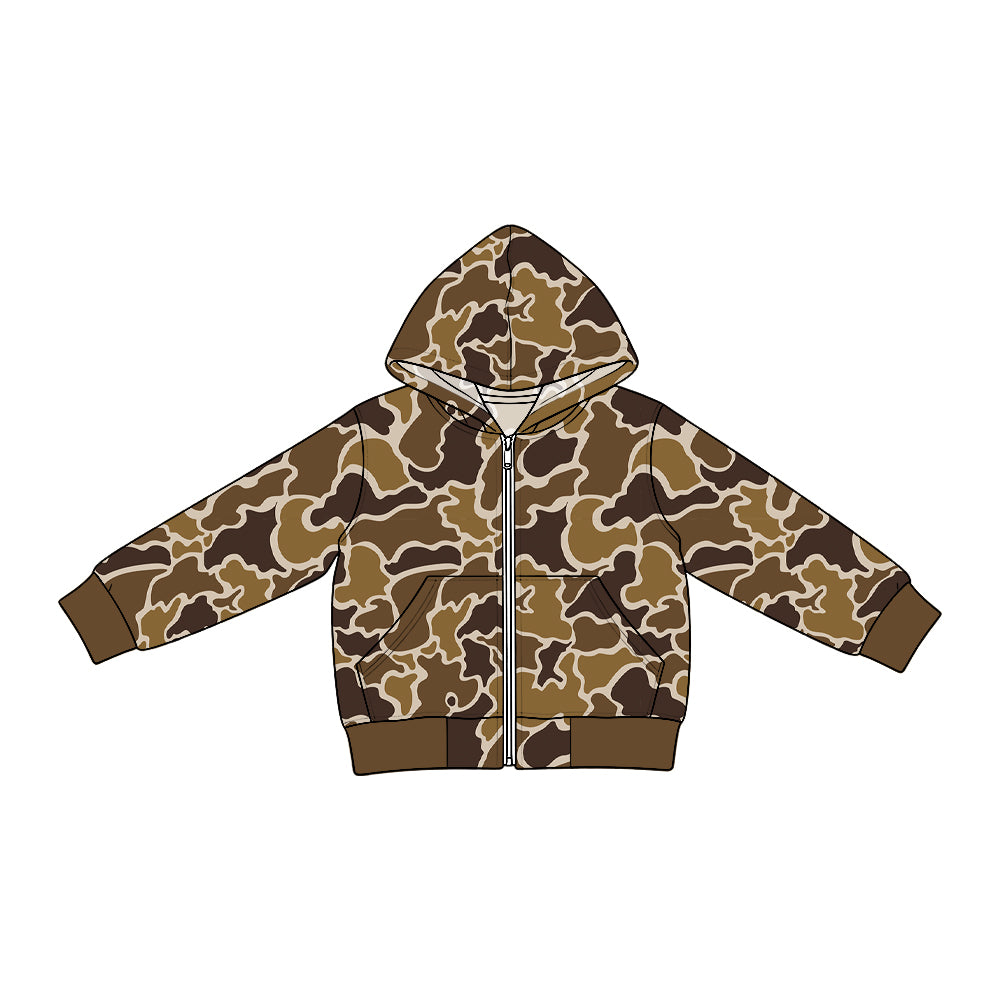 Preorder moq 5 Baby Boys Long Sleeve Brown Camo Zip Pockets Denim Hoodie Jackets Top