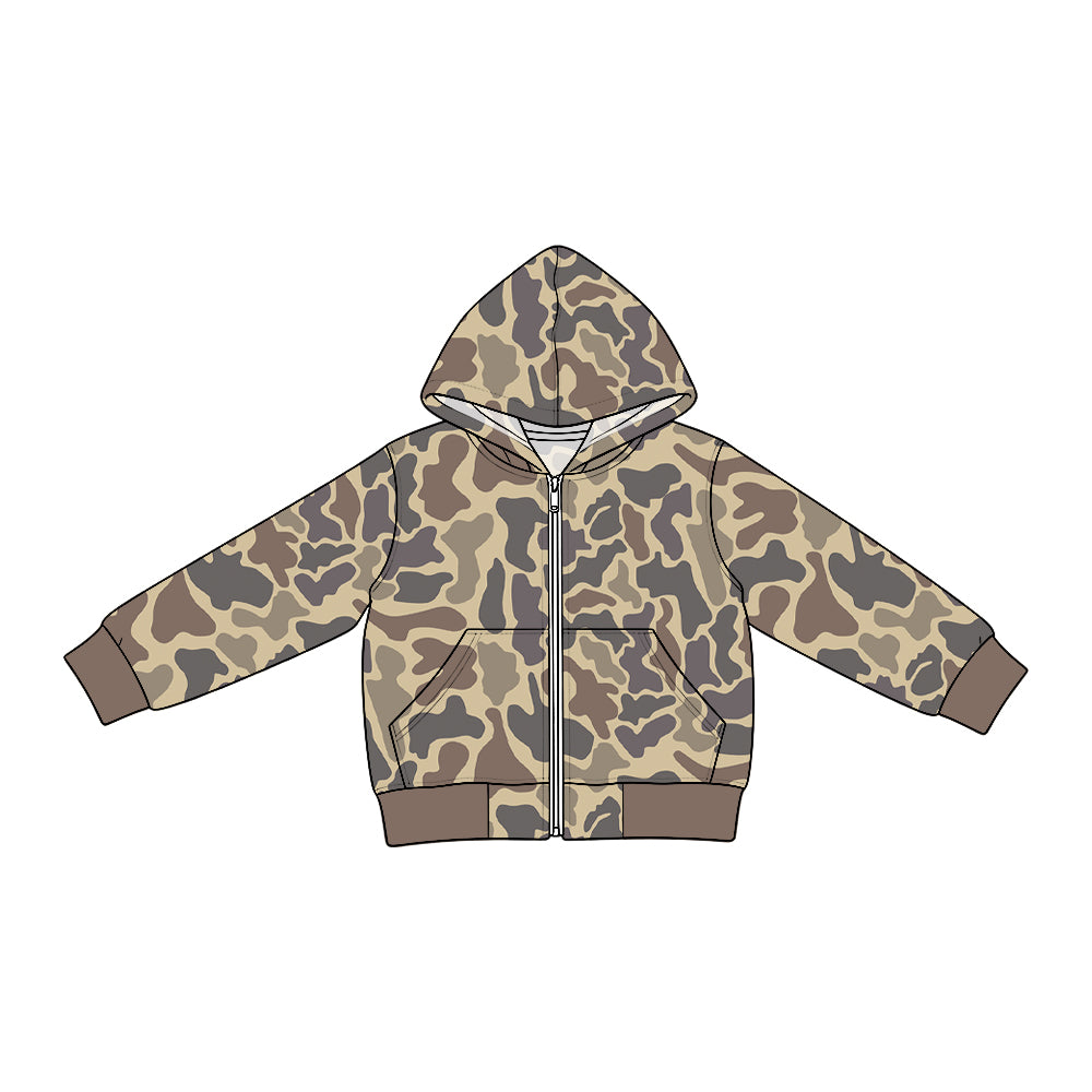 Preorder moq 5 Baby Boys Long Sleeve Grey Brown Camo Zip Pockets Denim Hoodie Jackets Top