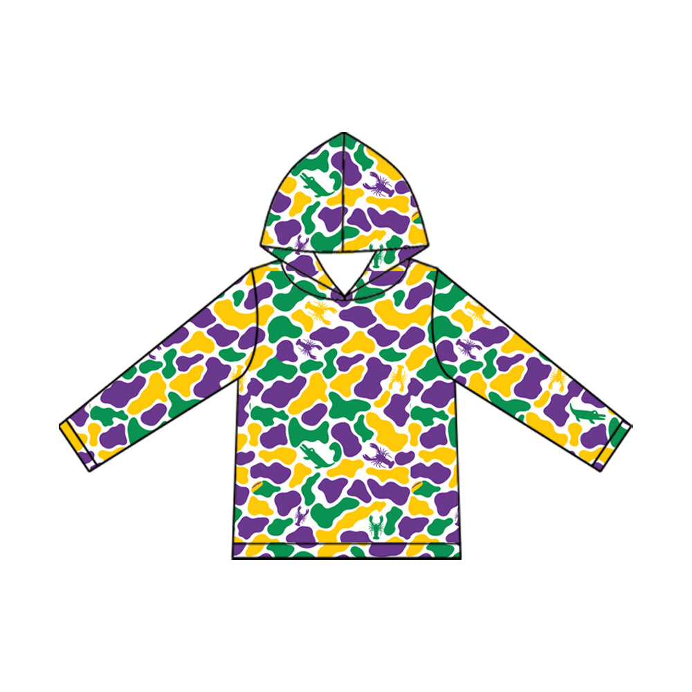 Preorder moq 5 Baby Boys Long Sleeve Mardigras Camo Crayfishes Hoodies Top