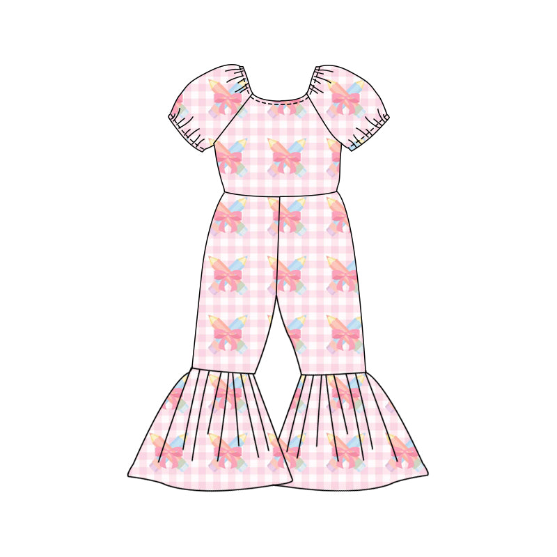 Preorder (moq 5)Baby Girls Pink Checked Pencil Bows Back to School Bell Bottom Pant Jumpsuits