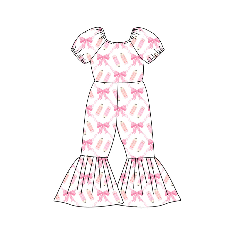 Preorder (moq 5)Baby Girls Pencil Bows Checked Back to School Bell Bottom Pant Jumpsuits