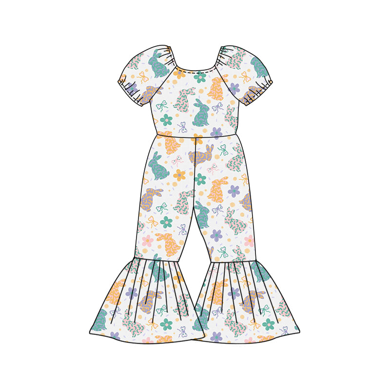 Preorder (moq 5)Baby Girls Flowers Rabbits Eggs Easter Bell Bottom Pant Jumpsuits