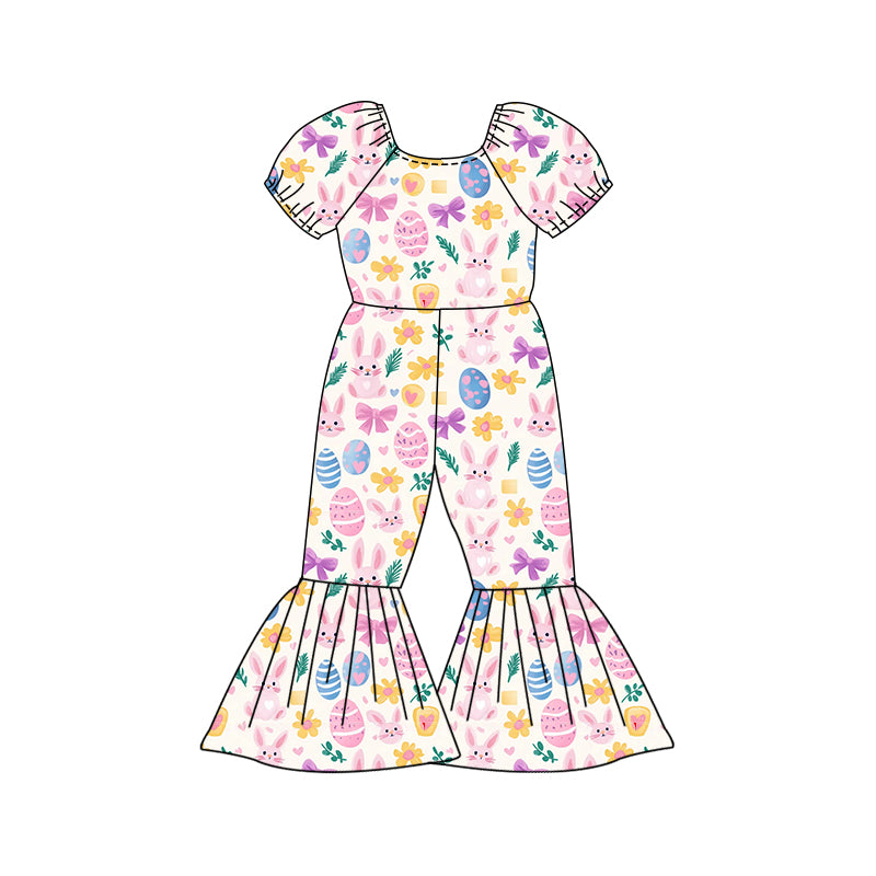Preorder (moq 5)Baby Girls Flowers Rabbits Eggs Easter Bell Bottom Pant Jumpsuits
