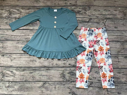 Baby Girls Green Blue Ruffle Tops Floral Legging Pants Clothes Sets