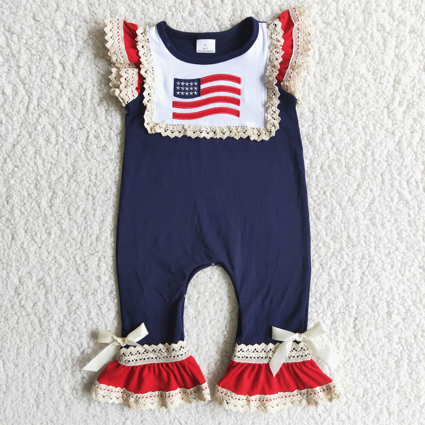 USA Shop Baby Girls Embroidery Flags 4th of July Ruffle Pant Rompers