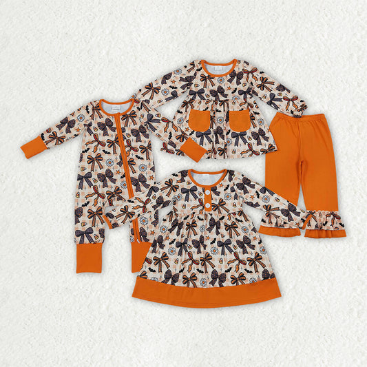 Sibling Baby Girls Bats Flowers Bows Pockets Tunic Ruffle Pant Halloween Clothes Set Button Dress